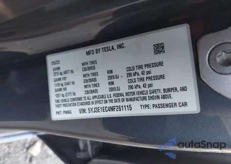 2022 Tesla Model 3 Performance Dual Motor All-Wheel Drive z USA, uszkodzony, nr VIN 5YJ3E1EC4NF261115